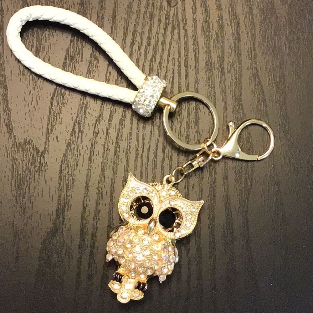 Gold and White Owl Key Holder‎ with Rhinestone Accents